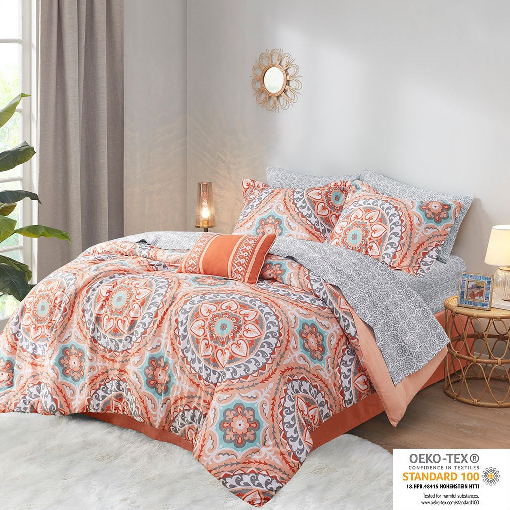 Madison Park Essentials Serenity 9 Piece Comforter Set with Cotton Bed Sheets - Coral - Full Size
