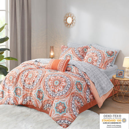 Madison Park Essentials Serenity 7 Piece Comforter Set with Cotton Bed Sheets - Coral - Twin Size