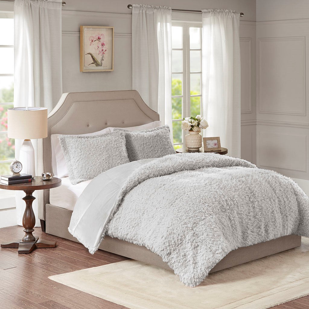 Madison Park Nova Grey Faux Mohair Reverse Faux Mink Comforter Set - Grey - Twin Size