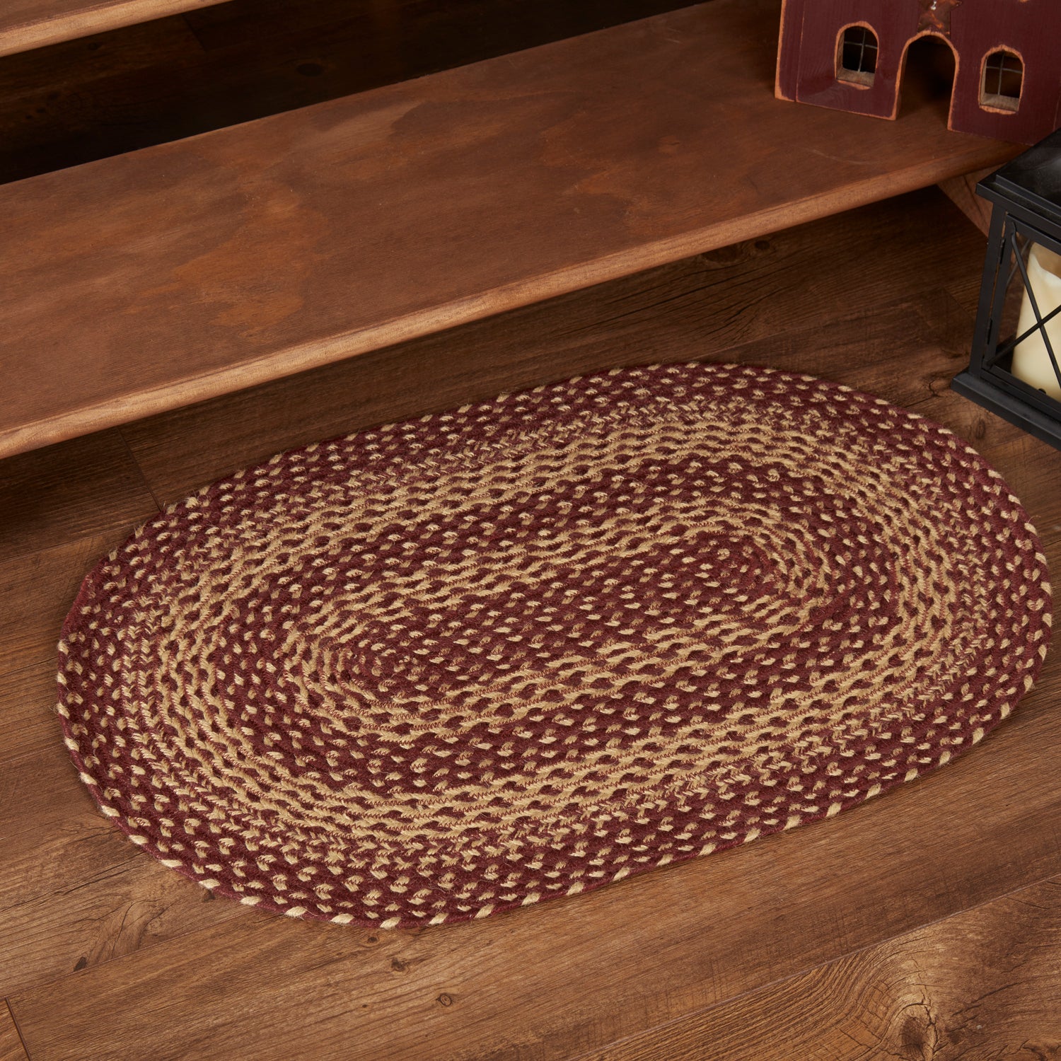 Mayflower Market Burgundy Tan Jute Rug Oval w/ Pad 20x30 By VHC Brands