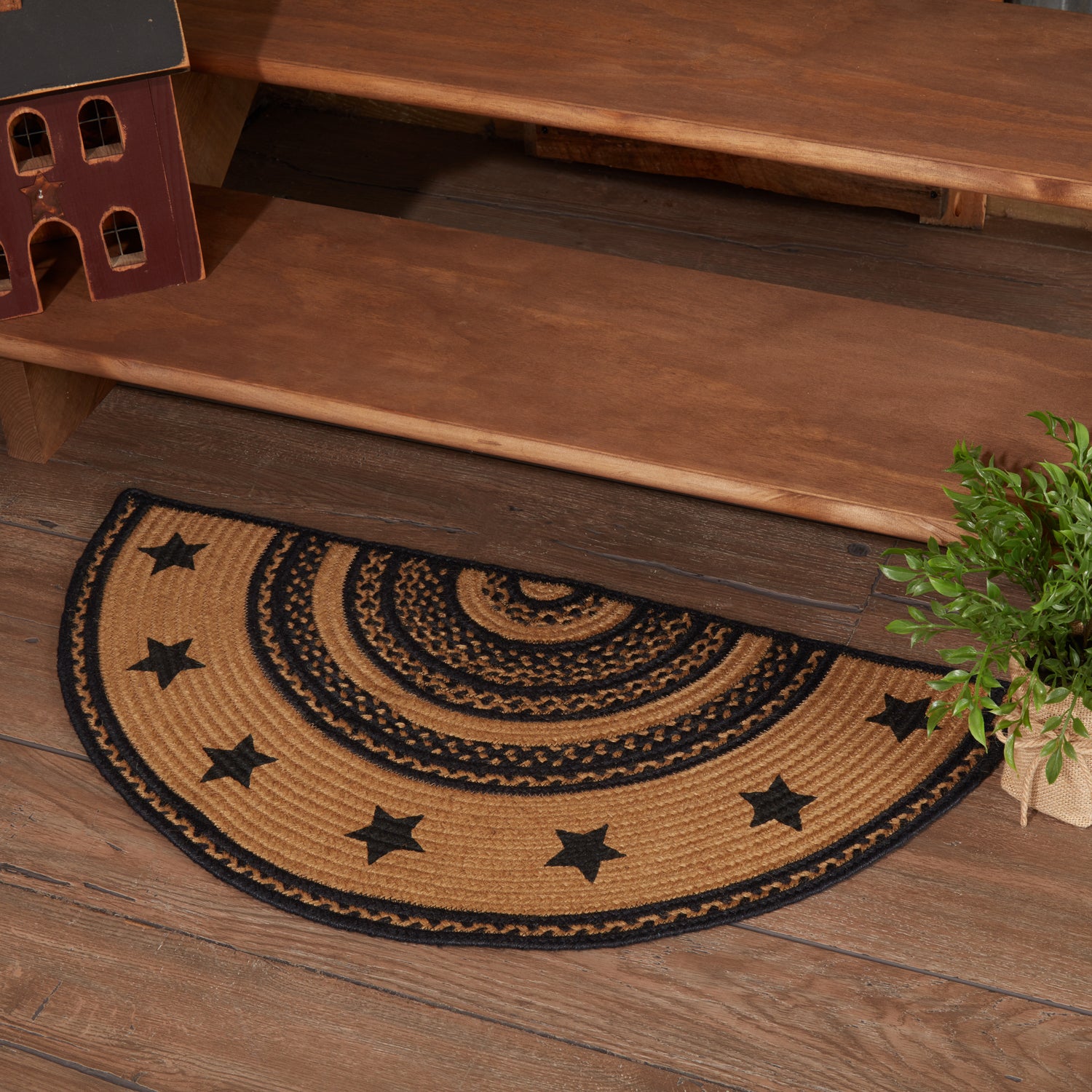 Mayflower Market Farmhouse Jute Rug Half Circle Stencil Stars Border w/ Pad 16.5x33 By VHC Brands