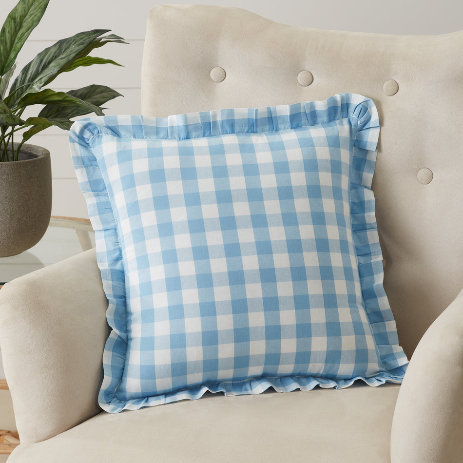 April & Olive Annie Buffalo Blue Check Ruffled Fabric Pillow 18x18 By VHC Brands