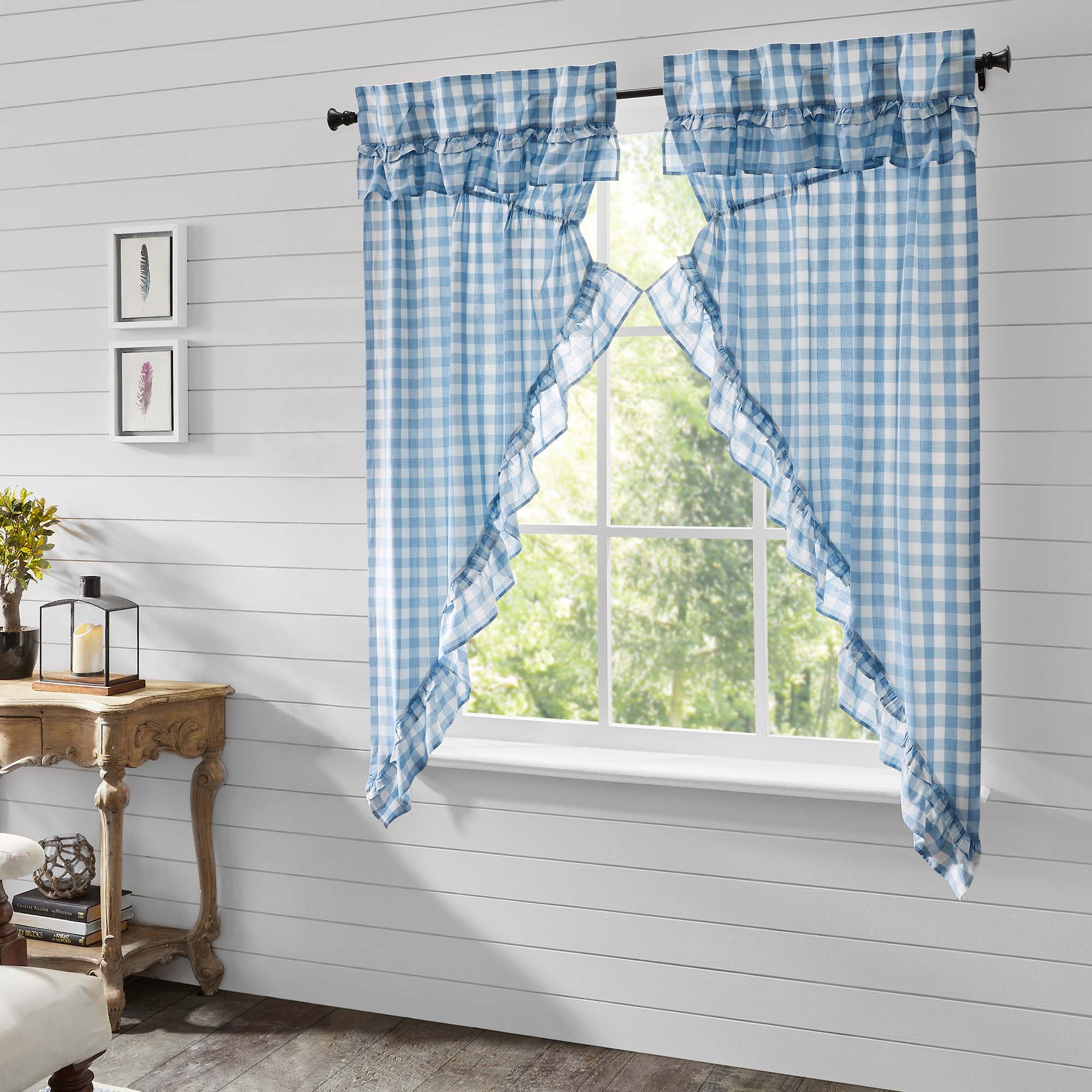 April & Olive Annie Buffalo Blue Check Ruffled Prairie Short Panel Set of 2 63x36x18 By VHC Brands