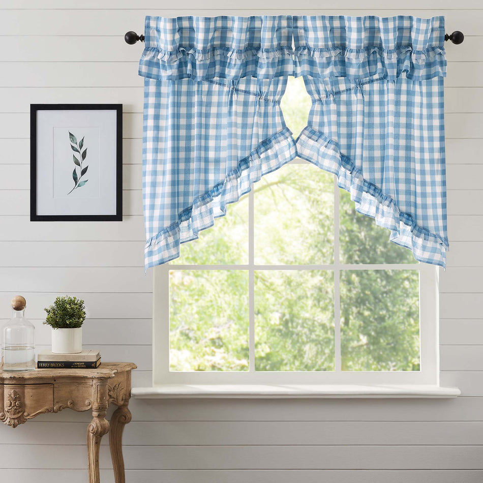April & Olive Annie Buffalo Blue Check Ruffled Prairie Swag Set of 2 36x36x18 By VHC Brands