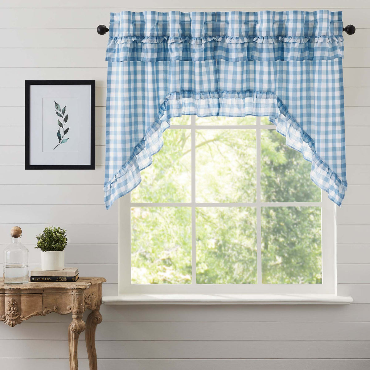 April & Olive Annie Buffalo Blue Check Ruffled Swag Set of 2 36x36x16 By VHC Brands