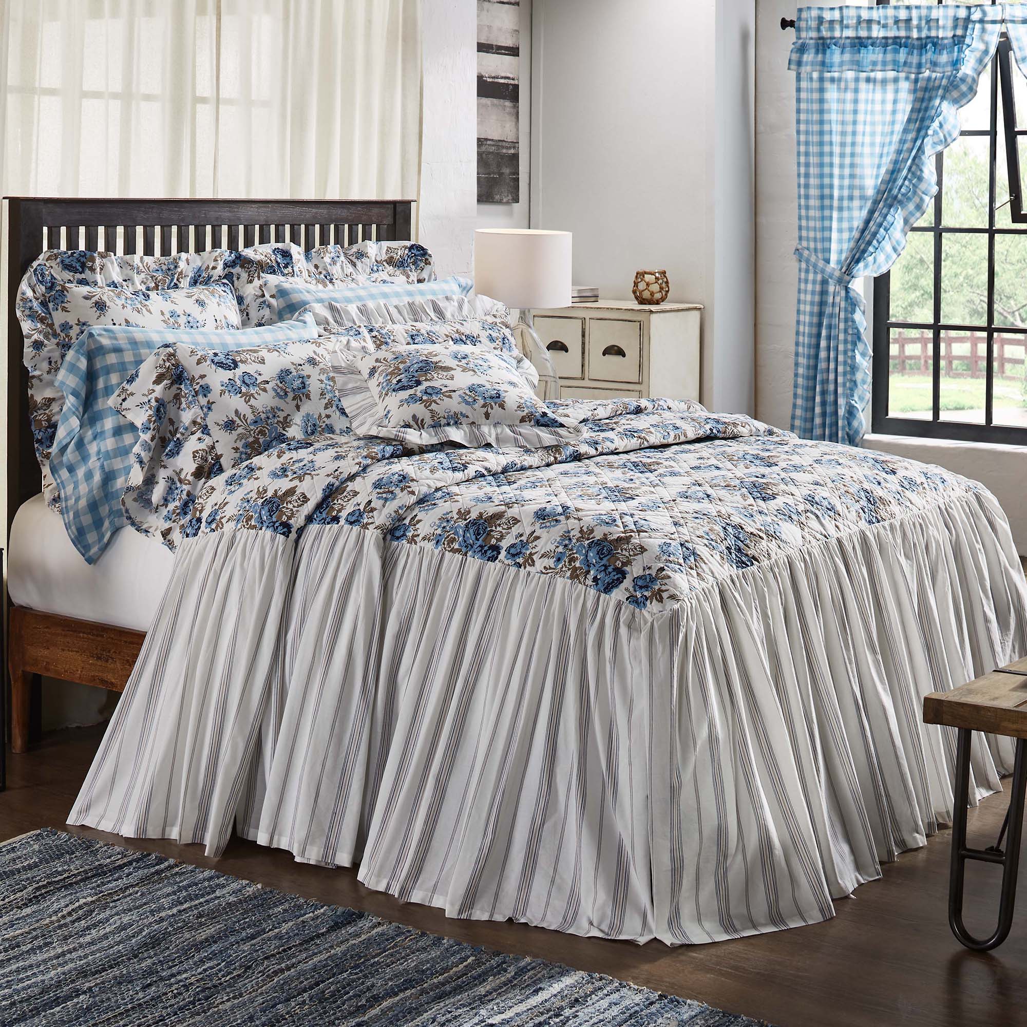April & Olive Annie Blue Floral Ruffled Queen Coverlet 80x60+27 By VHC Brands
