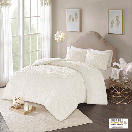 Madison Park Laetitia 3-Piece Tufted Cotton Chenille Medallion Comforter Set - Off White - Full Size / Queen Size