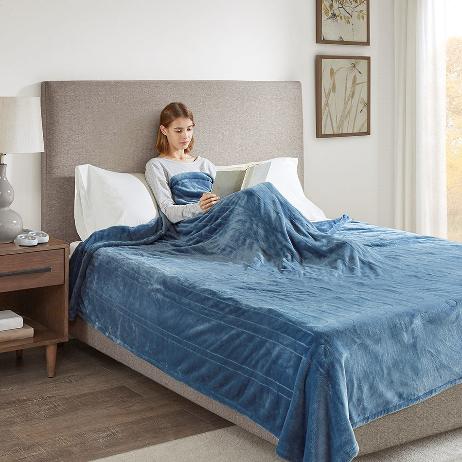 Heated Plush Blanket - Sapphire Blue - Queen Size