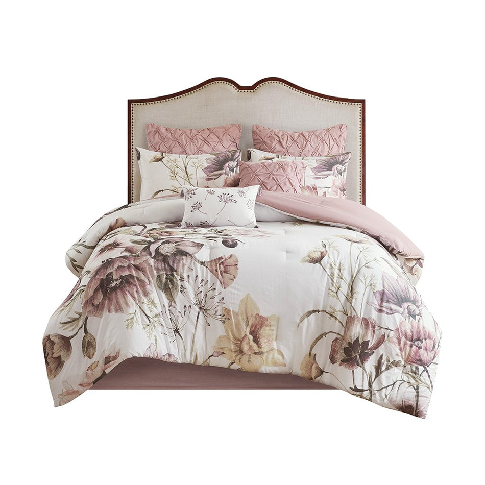 Cassandra 8 Piece Cotton Printed Comforter Set - Blush - Cal King Size