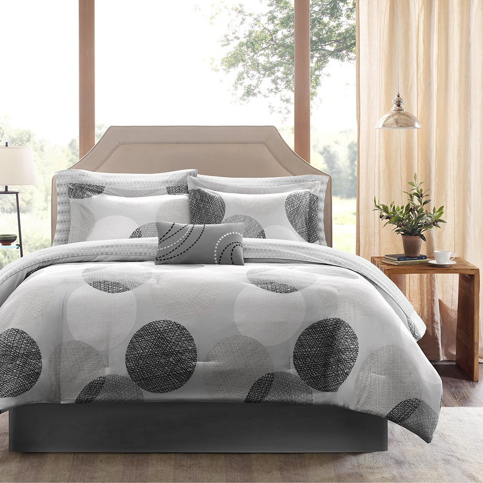 Knowles 9 Piece Comforter Set with Cotton Bed Sheets - Grey - King Size