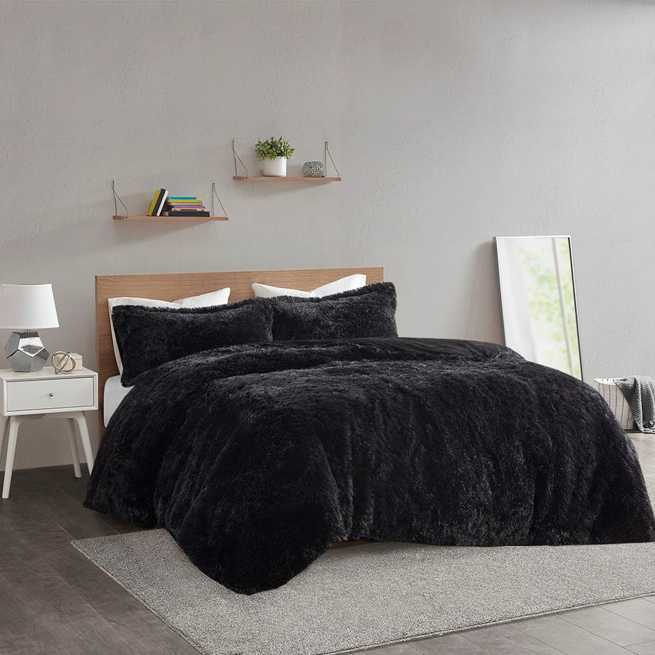 Intelligent Design Malea Shaggy Fur Duvet Cover Set - Black - Full Size / Queen Size