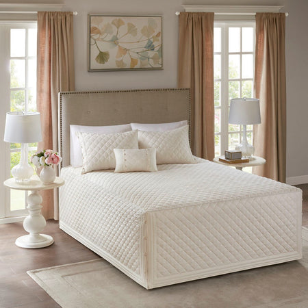 Madison Park Breanna 4 Piece Cotton Reversible Tailored Bedspread Set - Ivory - King Size