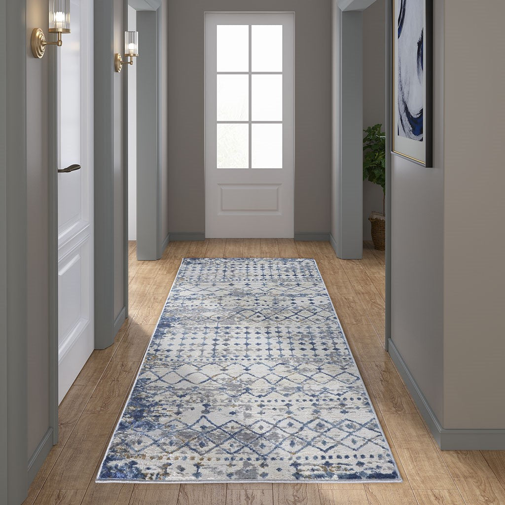 Madison Park Hannah Moroccan Global Woven Area Rug - Blue / Cream - 3x8' Runner