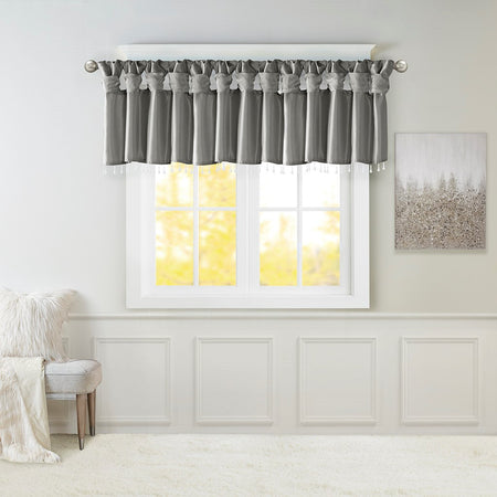 Madison Park Emilia Lightweight Faux Silk Valance With Beads - Charcoal - 50x26"