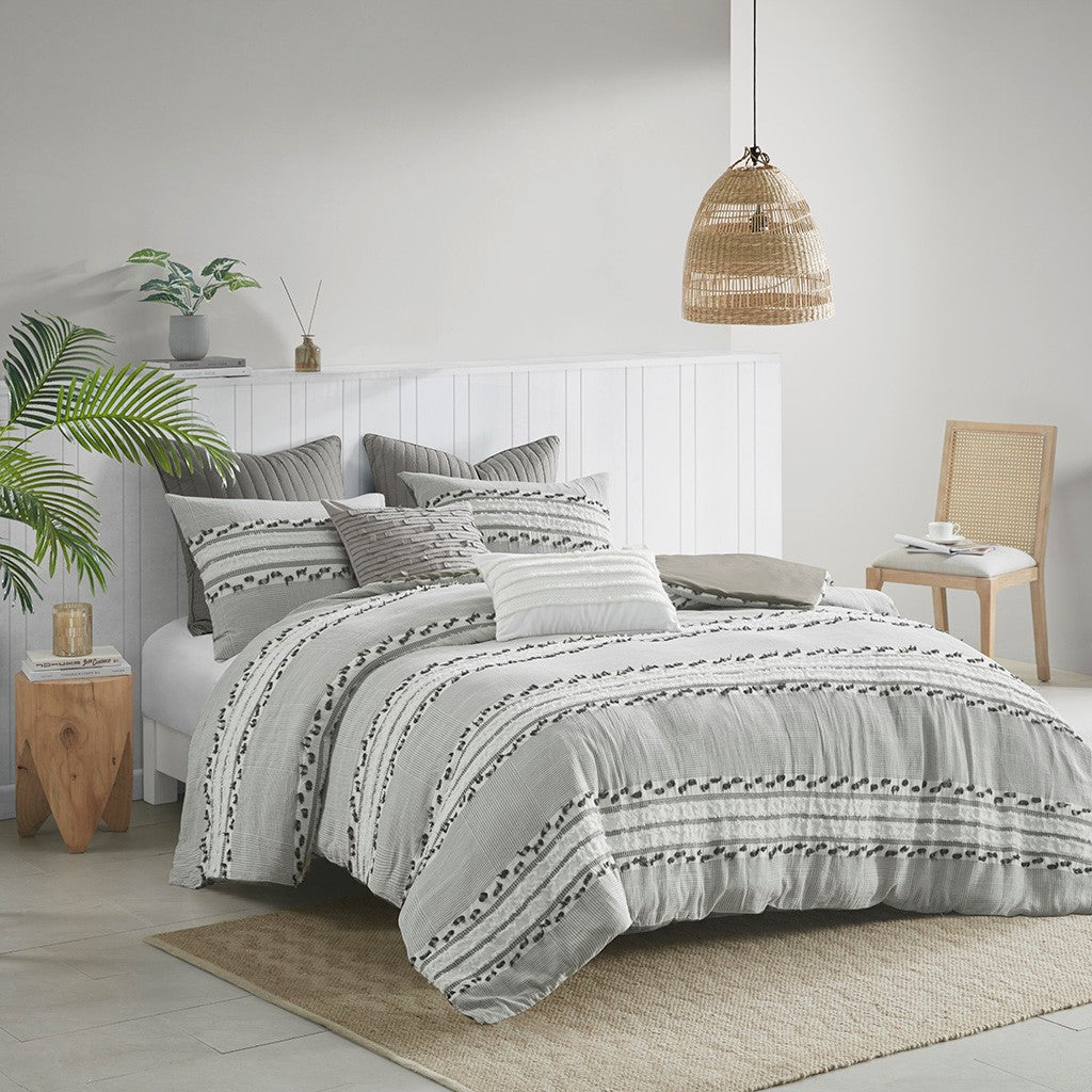 INK+IVY Lennon 3 Piece Organic Cotton Jacquard Duvet Cover Set - Charcoal - Full Size / Queen Size