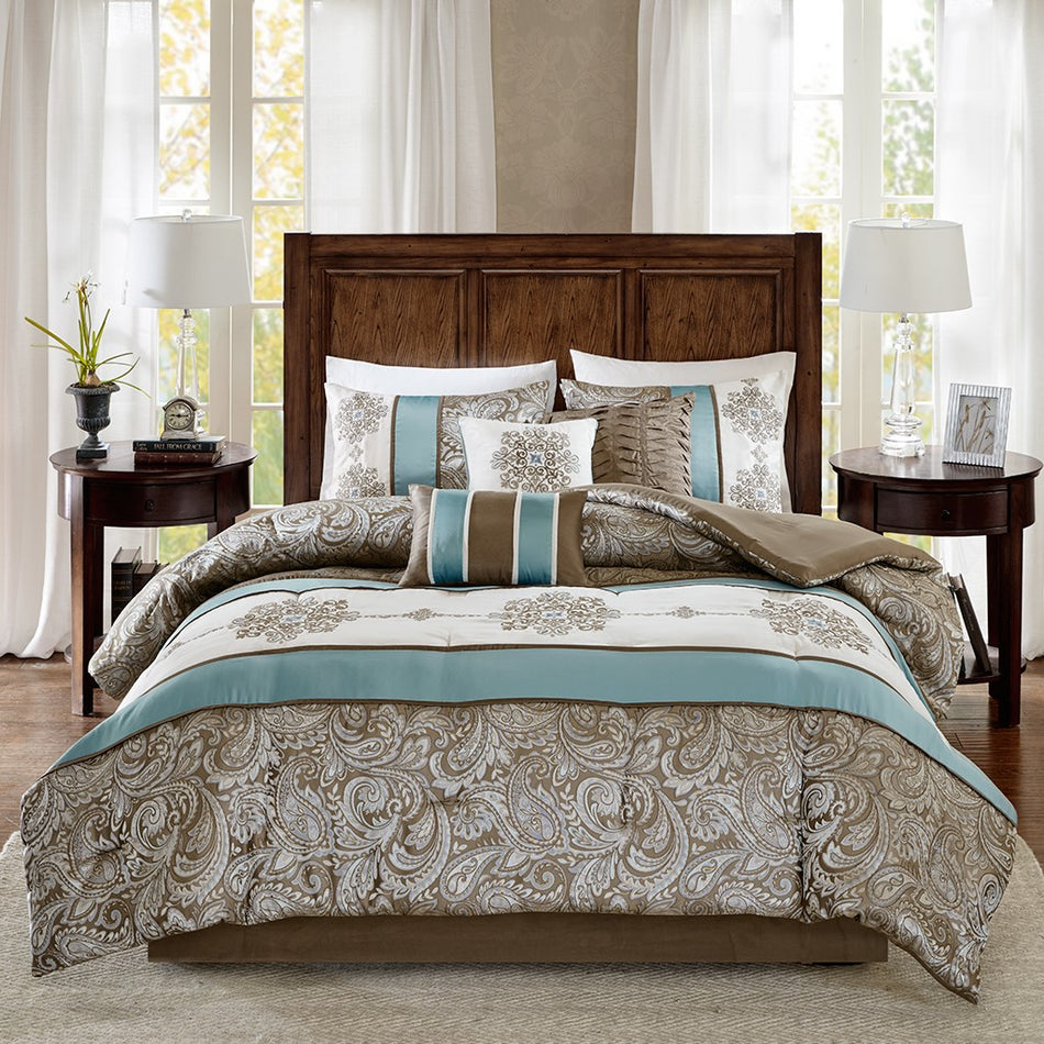 Caroline Jacquard 7 Piece Comforter Set - Blue - King Size
