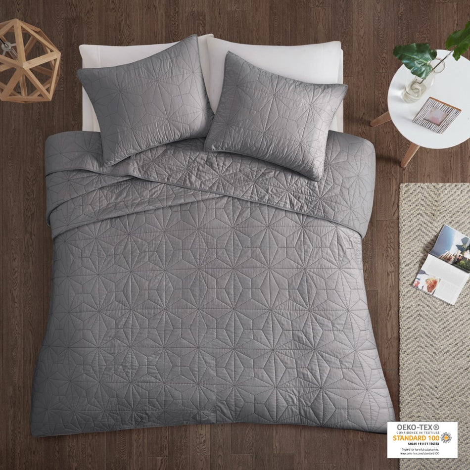 Urban Habitat Caden 3 Piece Cotton Quilt Set - Grey - Full Size / Queen Size