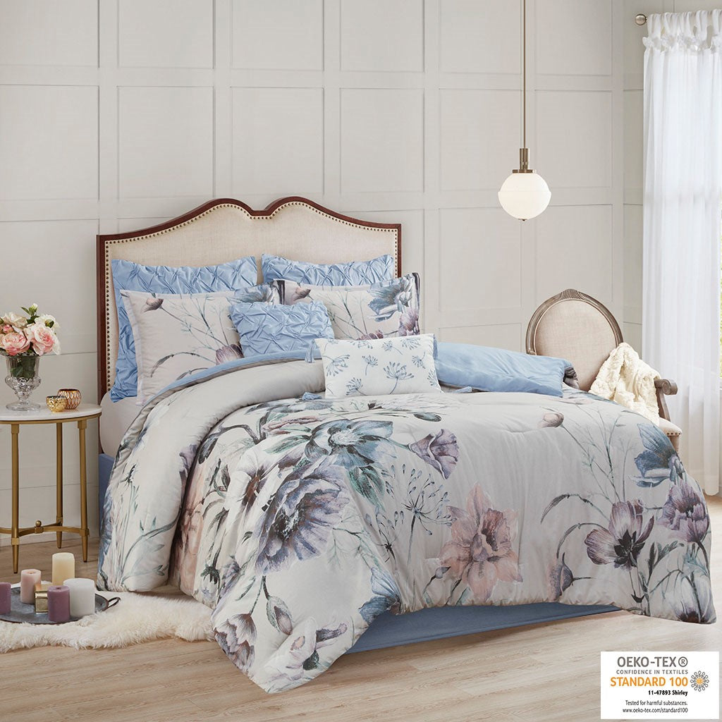 Madison Park Cassandra 8 Piece Cotton Printed Comforter Set - Blue - Cal King Size