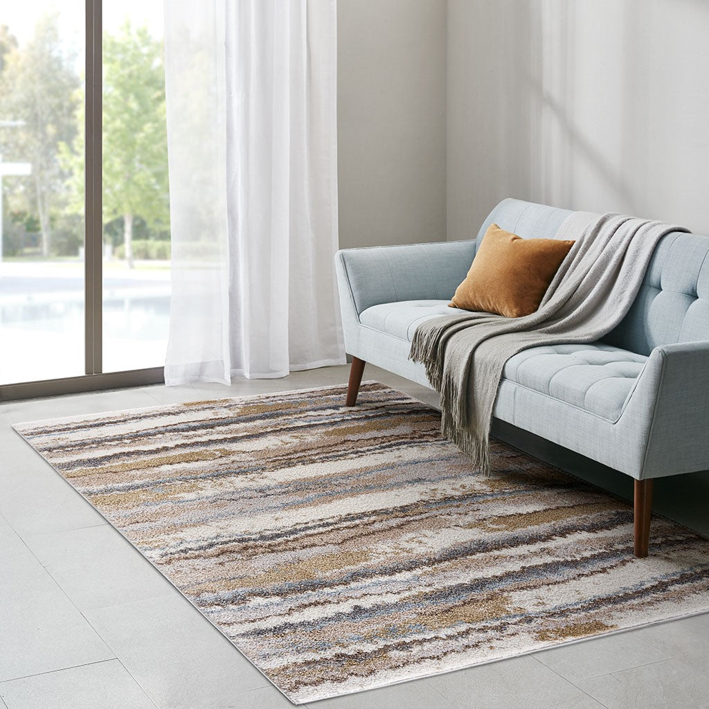 Madison Park Riley Watercolor Abstract Stripe Woven Area Rug - Blue / Tan - 8x10'