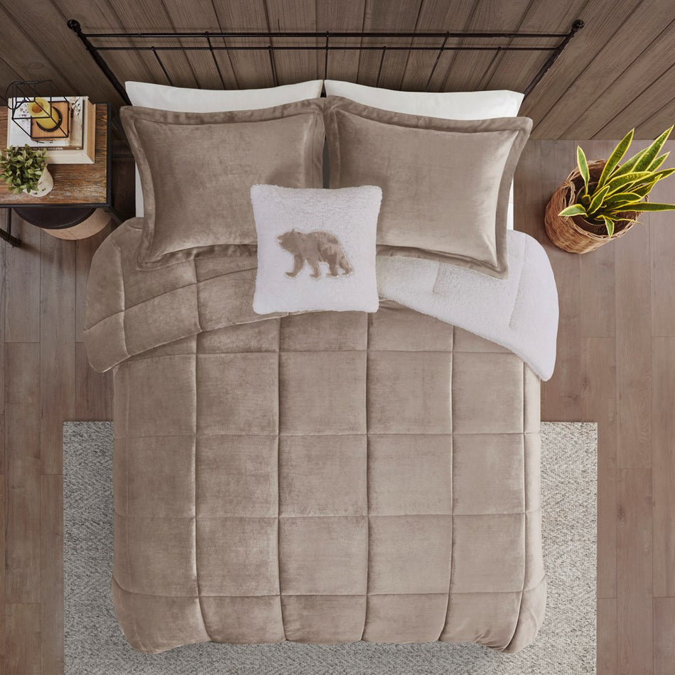 Alton Plush to Sherpa Down Alternative Comforter Set - Taupe / Ivory - Twin Size