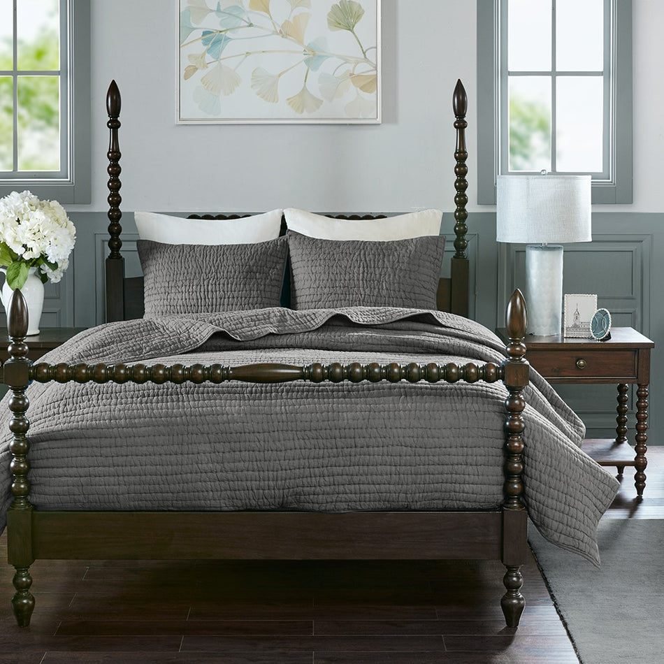 Serene 3 Piece Hand Quilted Cotton Quilt Set - Grey - Full Size / Queen Size