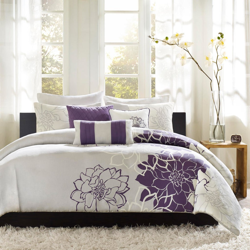 Lola 6 Piece Printed Duvet Cover Set - Purple - King Size / Cal King Size