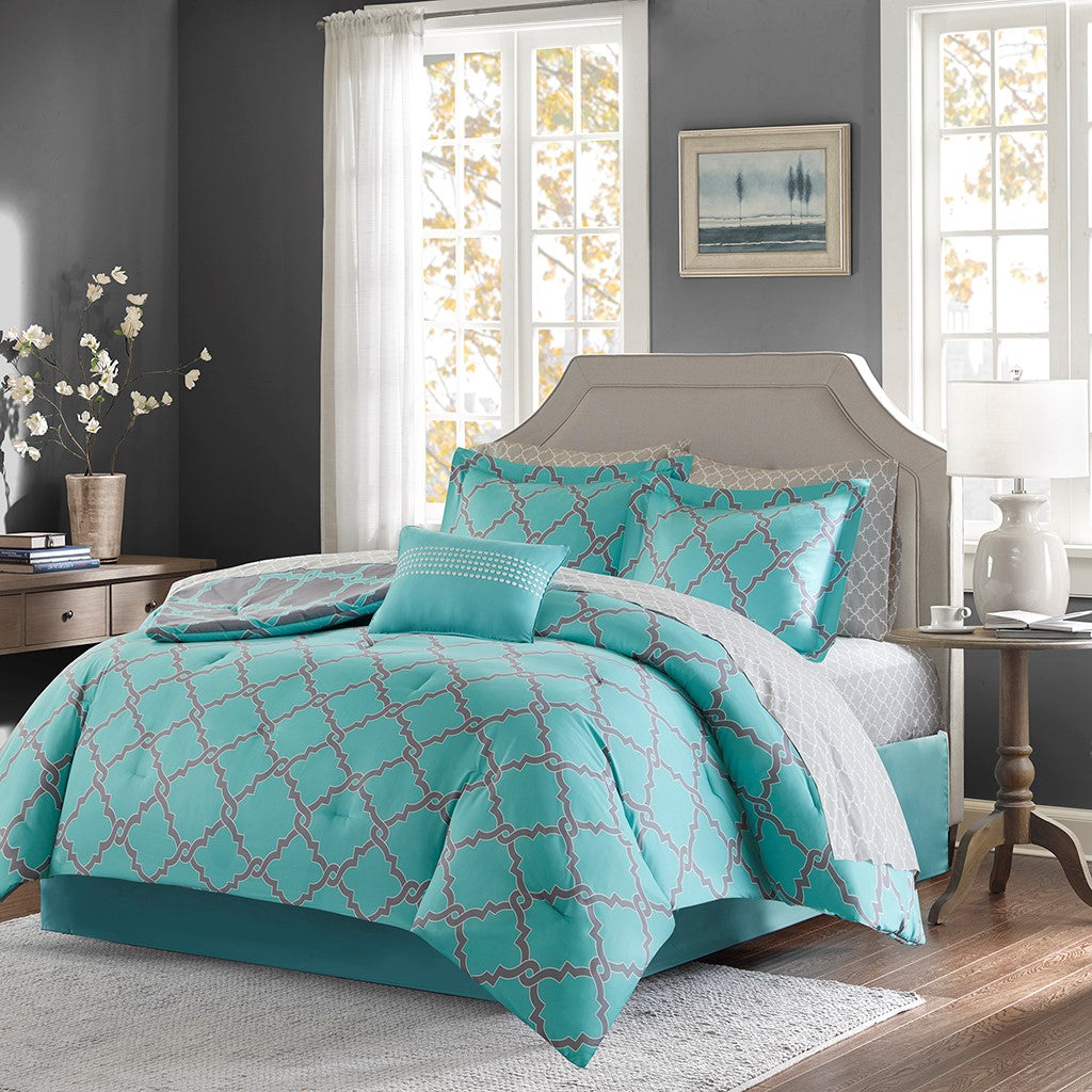 Madison Park Essentials Merritt Reversible Complete Comforter and Cotton Sheet Set - Aqua Grey  - Queen Size Shop Online & Save - ExpressHomeDirect.com