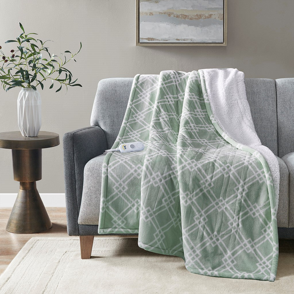 Serta Printed Plush Heated Throw - Seafoam - 50x60"