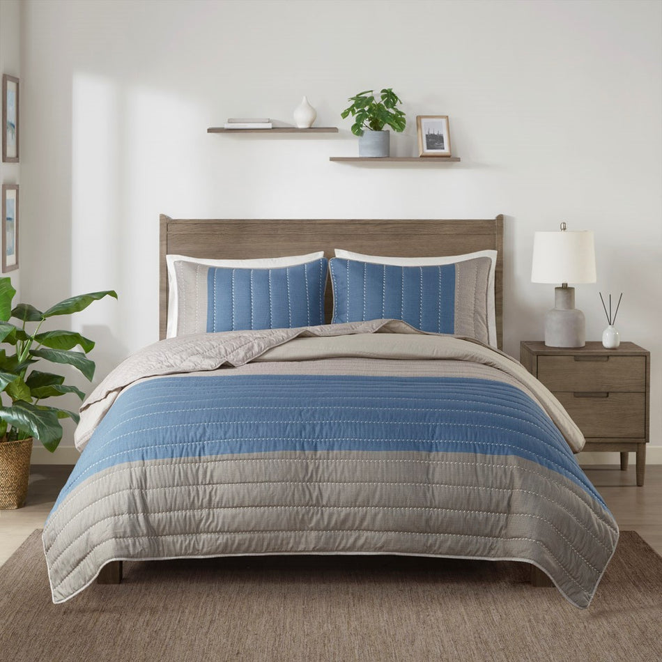 Blake 3 Piece Printed Color Blocking Microfiber Quilt Set - Taupe / Blue - Full Size / Queen Size