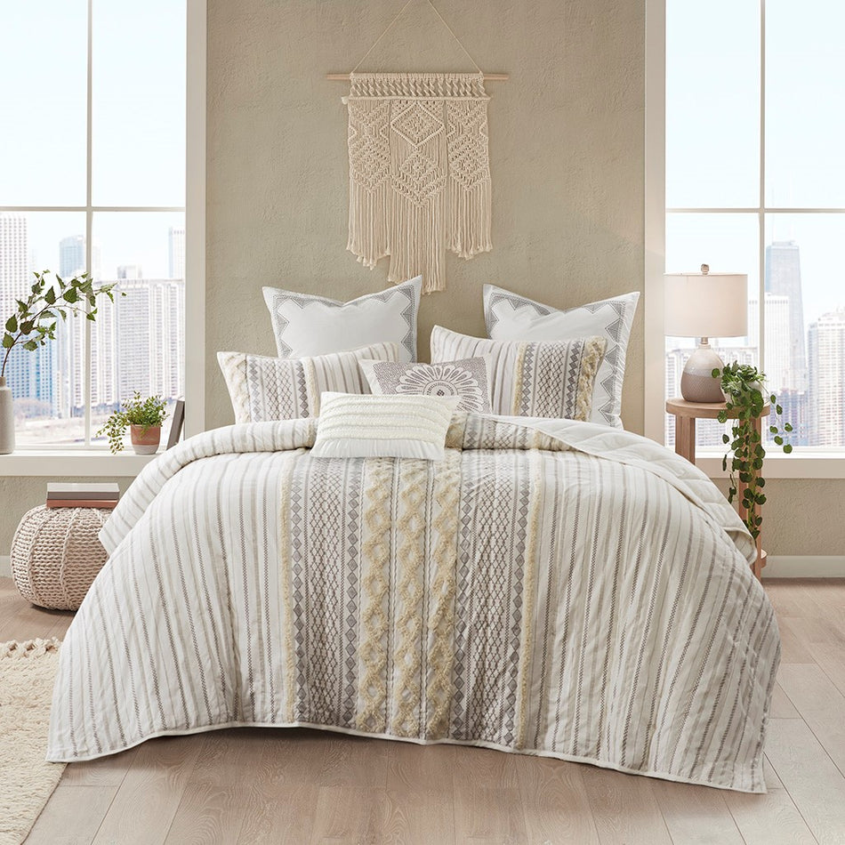 Imani Cotton 3 Piece Coverlet Set - Ivory - Full Size / Queen Size