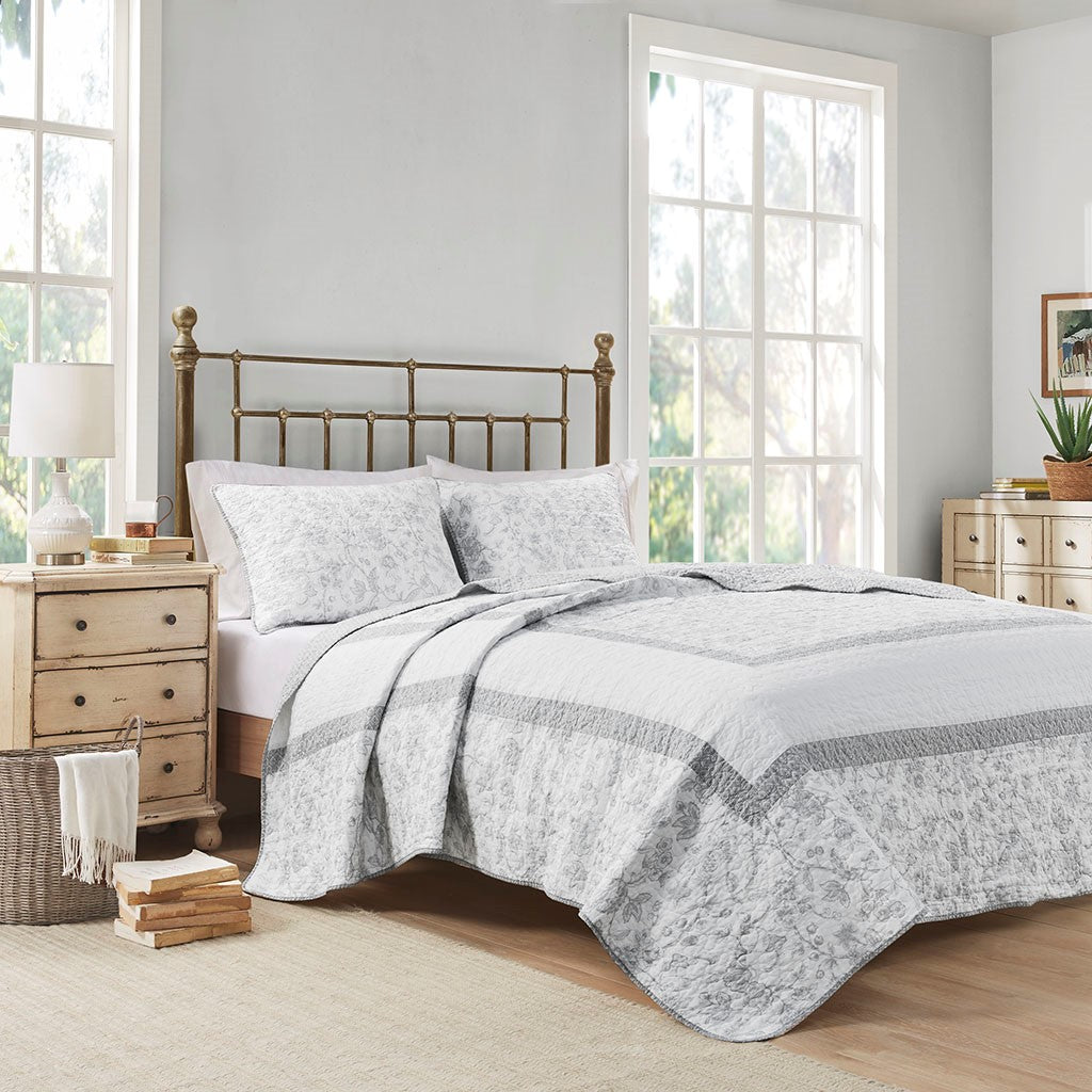 Madison Park Amber 3 Piece Reversible Cotton Coverlet Set - Cream / Grey - King Size / Cal King Size