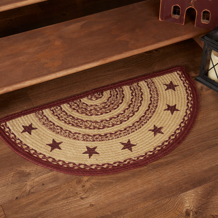 Mayflower Market Burgundy Tan Jute Rug Half Circle Stencil Stars w/ Pad 16.5x33 By VHC Brands