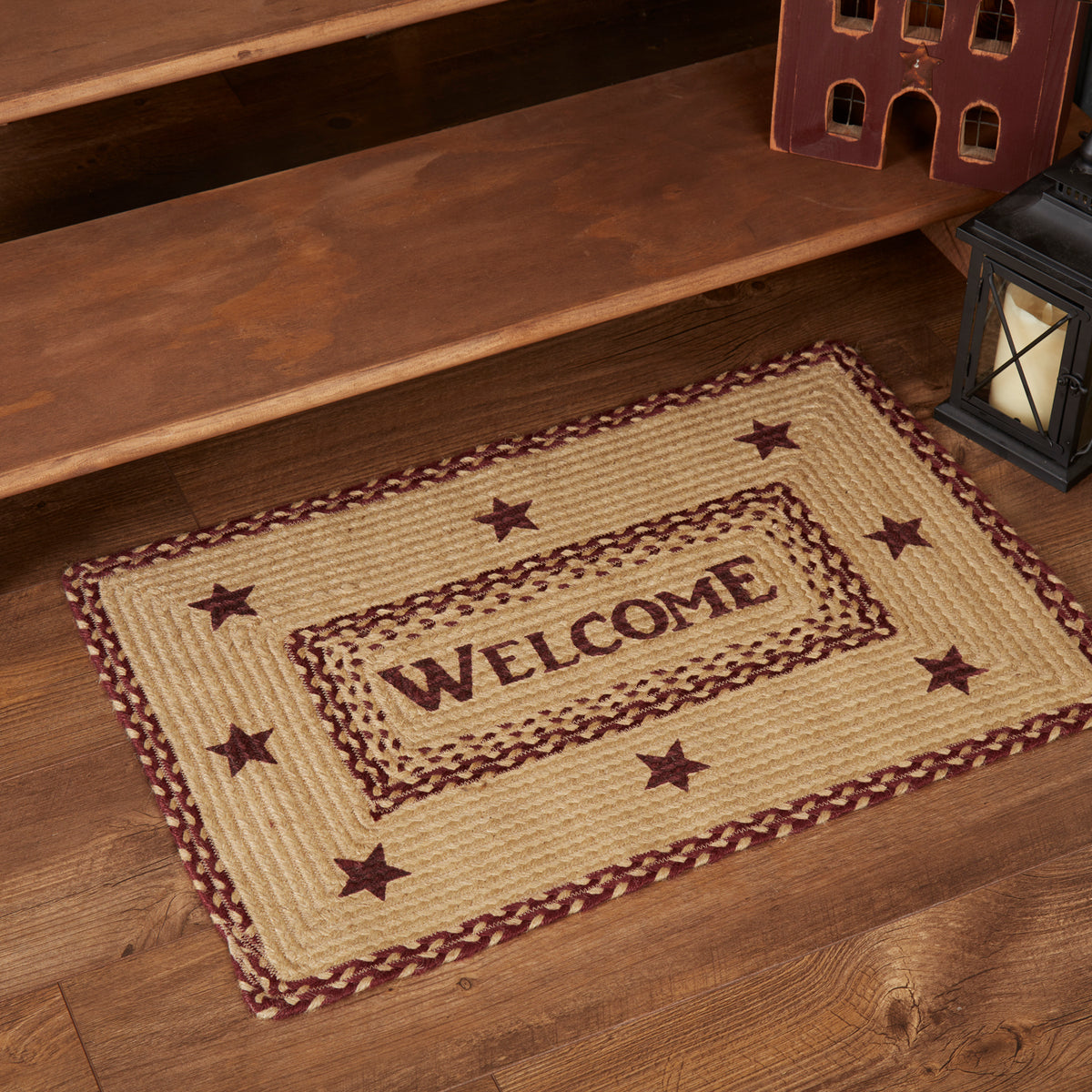 Mayflower Market Burgundy Tan Jute Rug Rect Welcome w/ Pad 20x30 By VHC Brands