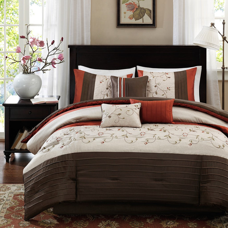 Serene Embroidered 7 Piece Comforter Set - Spice - Queen Size