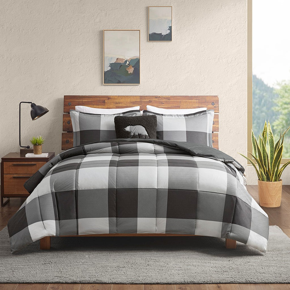 Hudson Valley Down Alternative Comforter Set - Grey / Black Buffalo Check - Twin Size