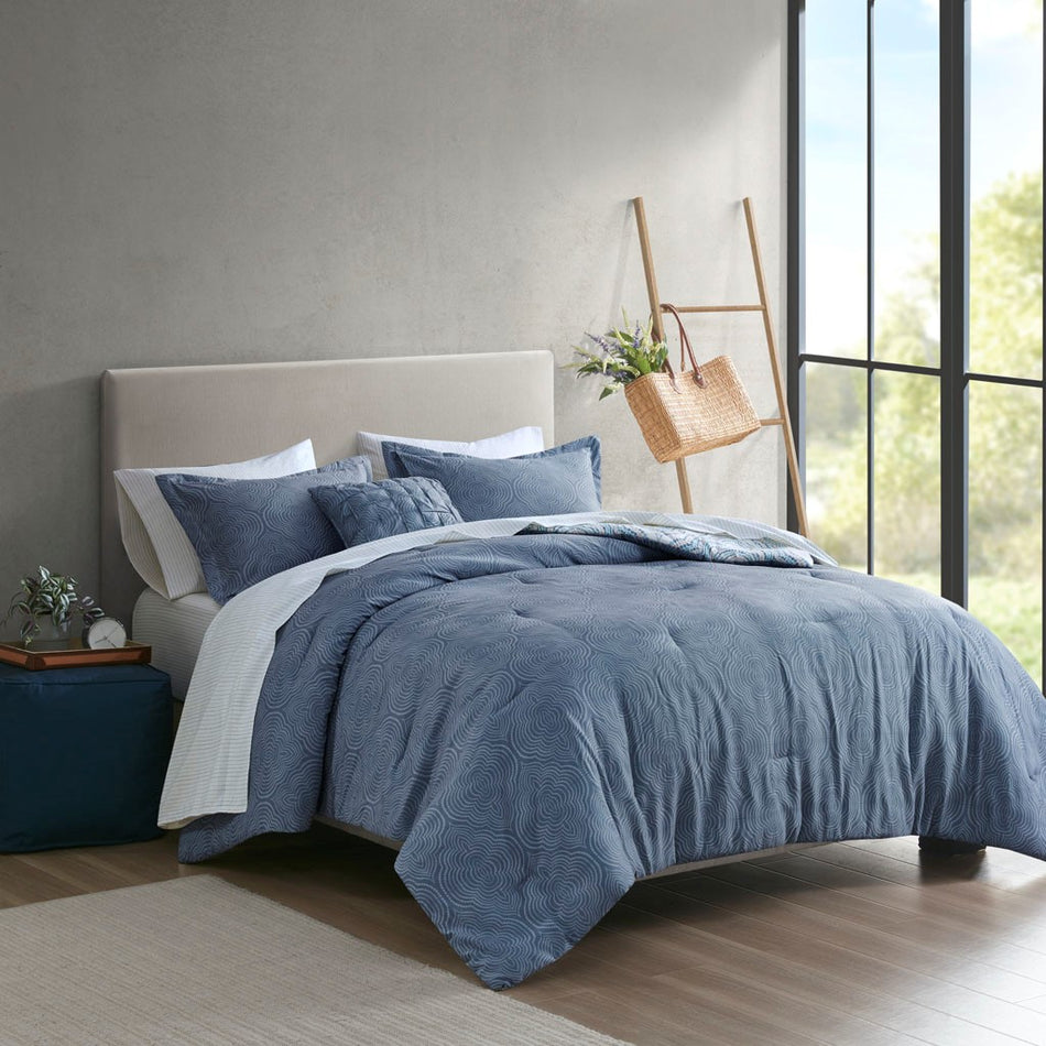 Domino 8 Piece Comforter Set with Bed Sheets - Blue - Full Size