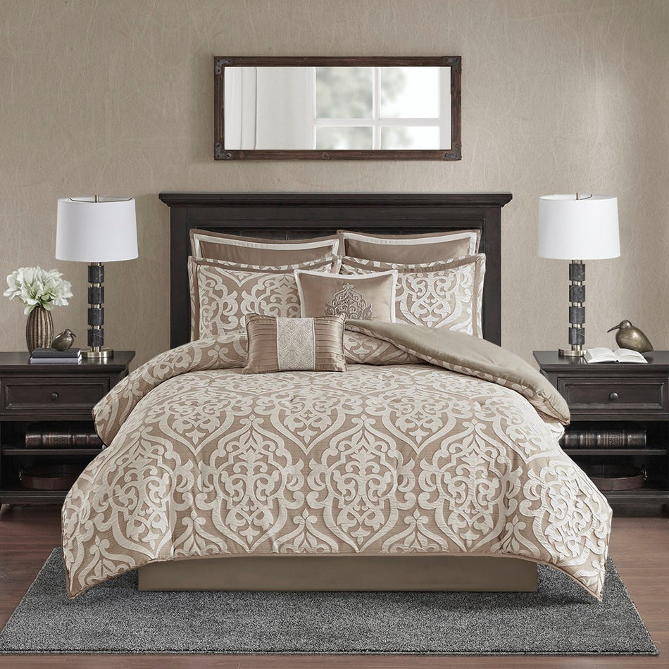 Odette 8 Piece Jacquard Comforter Set - Tan - Queen Size