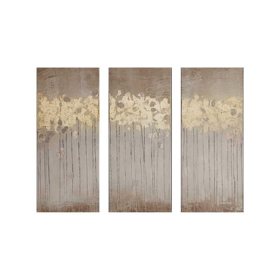 Dewy Forest Abstract Gel Coat Canvas with Metallic Foil Embellishment 3 Piece Set - Taupe