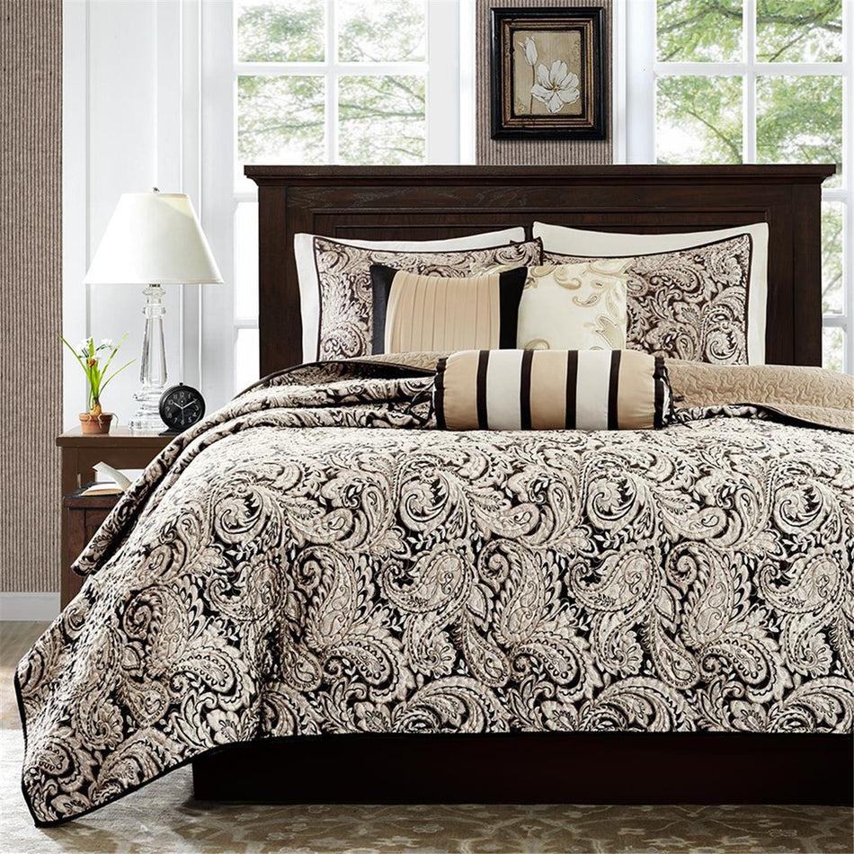 Aubrey 6 Piece Jacquard Quilt Set with Throw Pillows - Black - Full Size / Queen Size