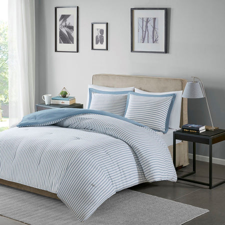 Madison Park Essentials Hayden Reversible Yarn Dyed Stripe Down Alternative Comforter Set - Blue - Twin Size