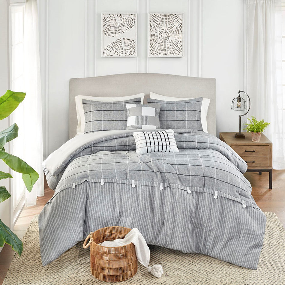Madison Park Bryson 5 Piece Faux Linen Jacquard Comforter Set - Gray  - Full Size / Queen Size Shop Online & Save - ExpressHomeDirect.com