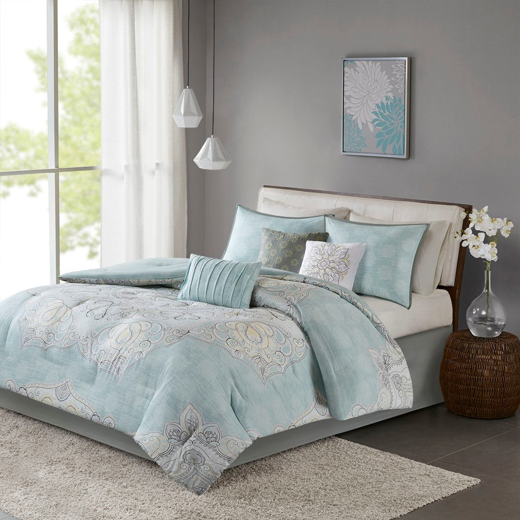 Madison Park Lucinda 7 Piece Reversible Cotton Sateen Comforter Set - Seafoam - Queen Size