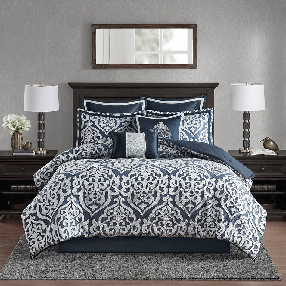 Odette 8 Piece Jacquard Comforter Set - Navy - King Size