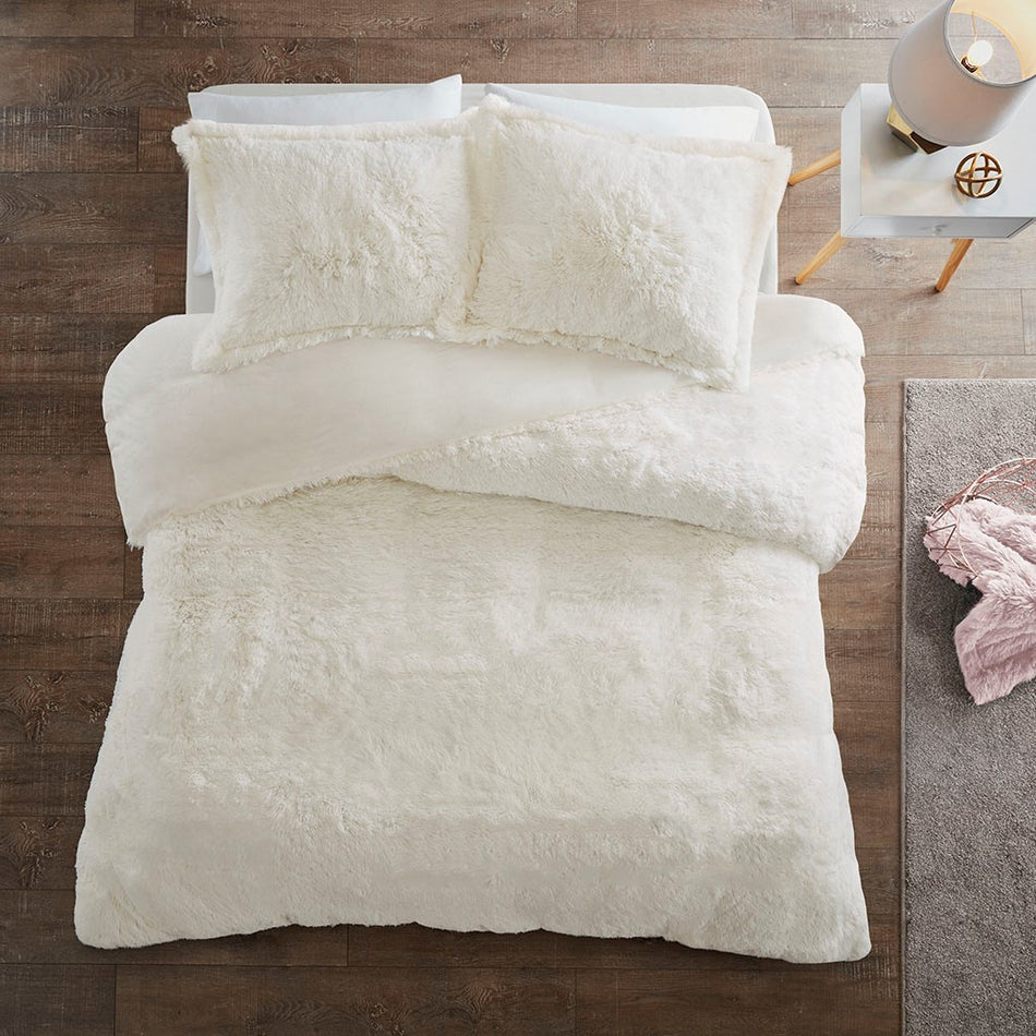 Malea Shaggy Fur Duvet Cover Set - Ivory - Twin Size