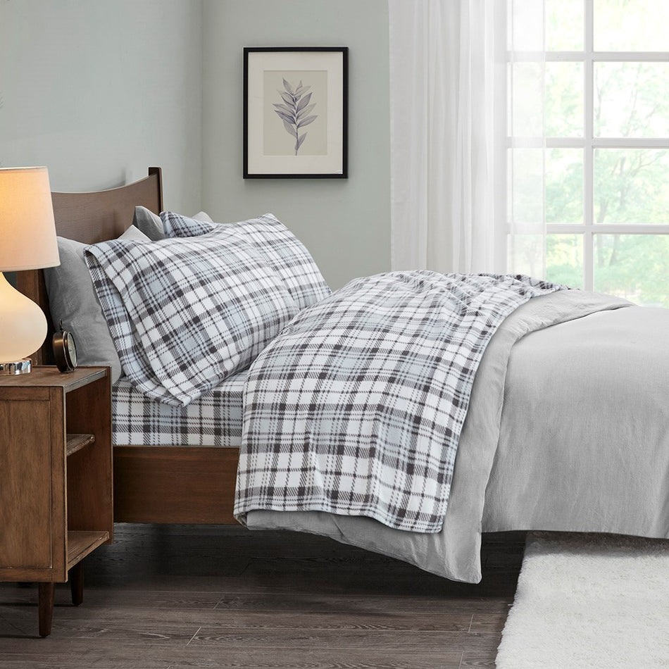 True North by Sleep Philosophy Micro Fleece Sheet Set - Grey Plaid - Twin Size