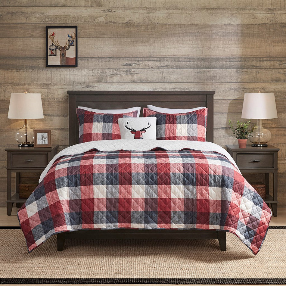 Pines Hill 4 Piece Printed Herringbone to Sherpa Reversible Coverlet Set - Red - Full Size / Queen Size