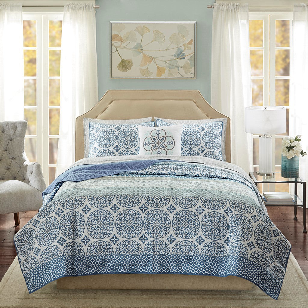 Madison Park Essentials Sybil 8 Piece Quilt Set with Cotton Bed Sheets - Blue  - King Size Shop Online & Save - ExpressHomeDirect.com