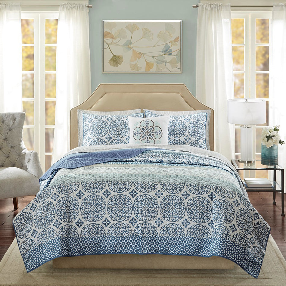 Madison Park Essentials Sybil 8 Piece Quilt Set with Cotton Bed Sheets - Blue  - Full Size Shop Online & Save - ExpressHomeDirect.com