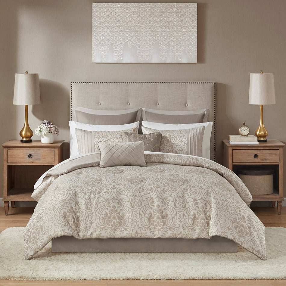 Emilia 12 Piece Jacquard Complete Bed Set - Khaki - Queen Size