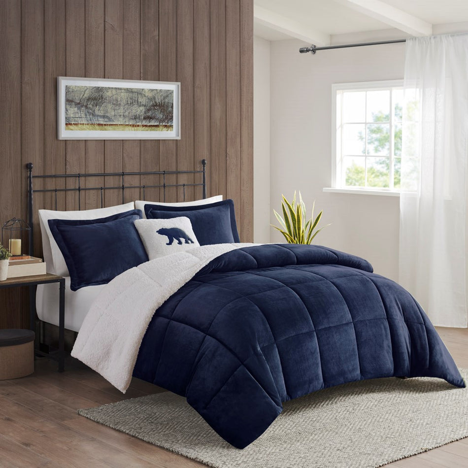 Woolrich Alton Plush to Sherpa Down Alternative Comforter Set - Navy / Ivory - Full Size / Queen Size